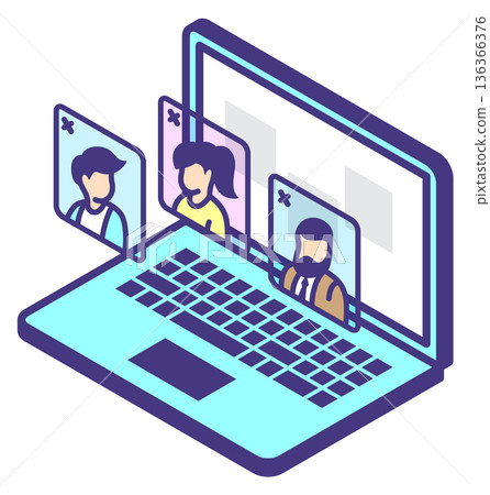 Video call windows on laptop screen isometric icon 136366376