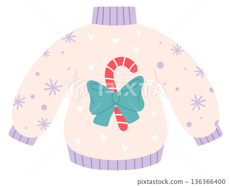 Christmas candy on wool sweater. Cartoon winter clothes Christmas candy on wool sweater. Cartoon winter clothes 136366400