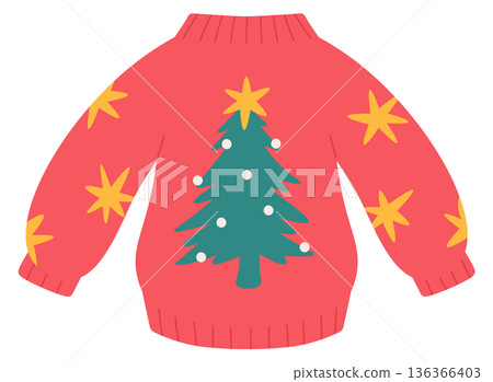 Red sweater with christmas tree. Decorative winter clothing 136366403
