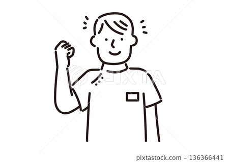 Black and white illustration of a young male nurse wearing a Casey white coat and giving a fist pump with a smile 136366441