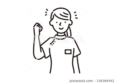 Black and white illustration of a young nurse woman wearing a Casey white coat and smiling with a fist pump 136366442