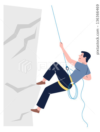 Man climbing mountain with hanging rope. Active hobby 136366469