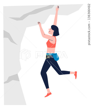 Woman hanging on stone. Mountain climbing outdoor sport 136366482