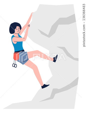 Woman climbing rock with professional equipment. Female athlete character Woman climbing rock with professional equipment. Female athlete character 136366483