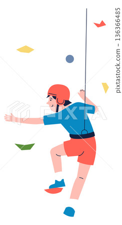 Happy boy climbing wall with training rope concept Happy boy climbing wall with training rope concept 136366485
