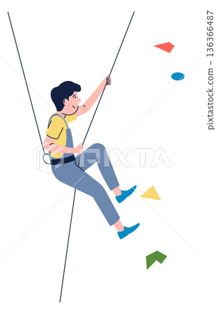 Guy hanging on climbing rope. Extreme sport training Guy hanging on climbing rope. Extreme sport training 136366487