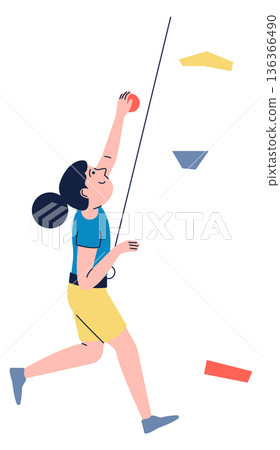 Gym rock for mountain climbing exercise. Girl hanging on rope 136366490