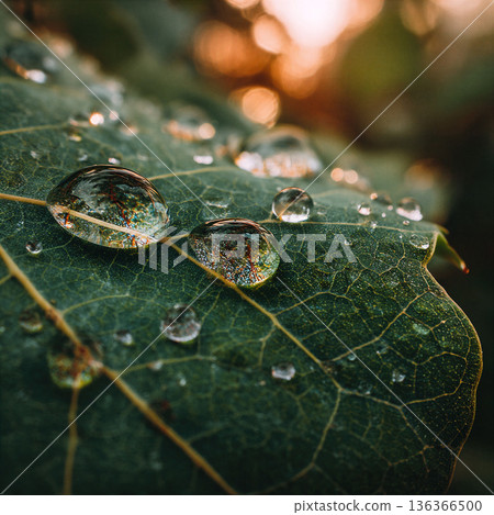 Water droplets gather on a green leaf in nature during late afternoon light with a blurred background 136366500