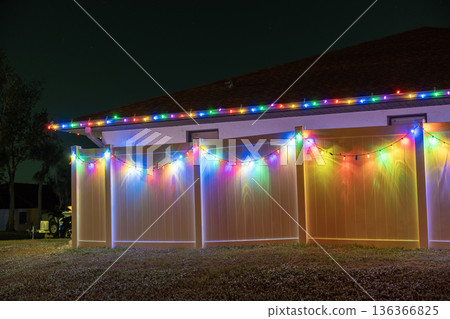 Christmas lights and illuminated ornaments on Florida front yard. Warm New Year celebration in tropical climate. Christmas lights and illuminated ornaments on Florida front yard. Warm New Year celebration in tropical climate. 136366825