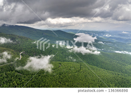 Summer woods of Appalachian mountains with green canopies in colorful forest. Wild nature in summertime humid rain season Summer woods of Appalachian mountains with green canopies in colorful forest. Wild nature in summertime humid rain season 136366898
