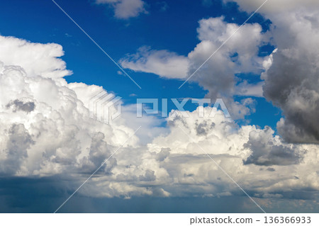 Blue sky with white summer rain clouds. Colorful summer landscape 136366933
