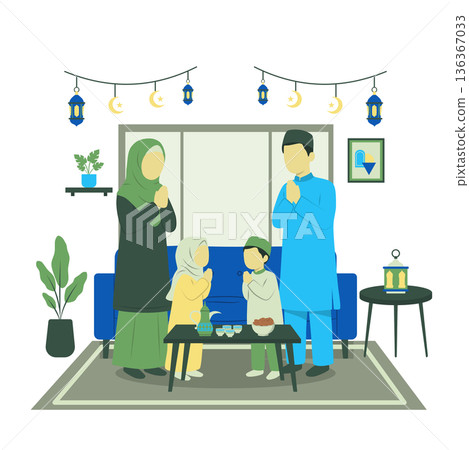 Muslim Family Praying at Home Eid Flat Illustration Muslim Family Praying at Home Eid Flat Illustration 136367033