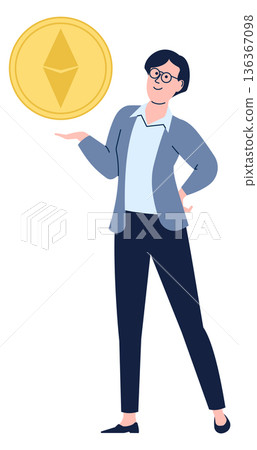 Ethereum coin in happy woman hands. Crypto token color icon Ethereum coin in happy woman hands. Crypto token color icon 136367098