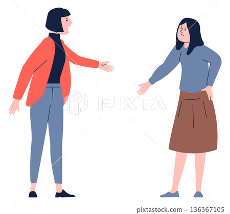 Friends quarrel. Angry shouting women with negative emotions Friends quarrel. Angry shouting women with negative emotions 136367105