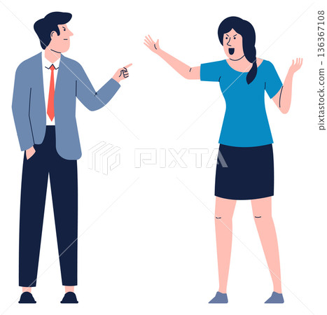 Couple quarrel. Angry husband and wife shouting in disagreement 136367108