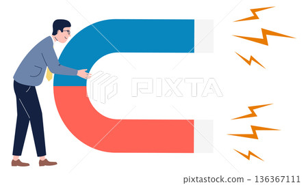 Man hold big magnet. Attraction force icon 136367111