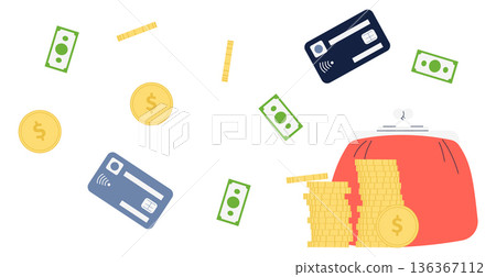 Money concept. Cash and electronic cards. Savings wallet 136367112