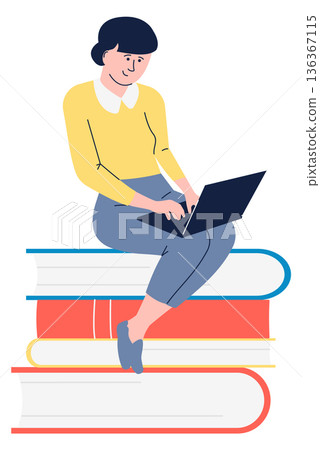 Student search and study with digital library. Electronic books in laptop Student search and study with digital library. Electronic books in laptop 136367115