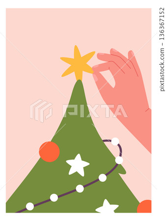 Christmas tree decoration on winter holiday card background Christmas tree decoration on winter holiday card background 136367152