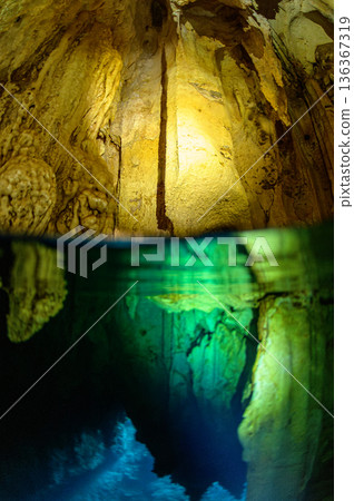 Underwater caves and limestone caves in the ocean of Palau Diving scenery 136367319
