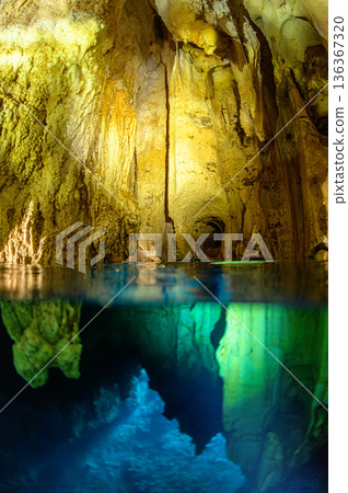 Underwater caves and limestone caves in the ocean of Palau Diving scenery 136367320
