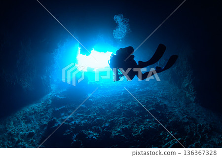 微弱的光線照射進帛琉水下洞穴,潛水場景 微弱的光線照射進帛琉水下洞穴,潛水場景 136367328