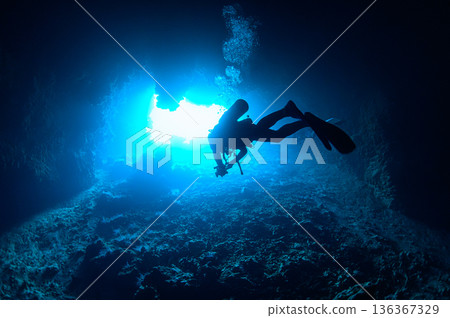 微弱的光線照射進帛琉水下洞穴,潛水場景 微弱的光線照射進帛琉水下洞穴,潛水場景 136367329