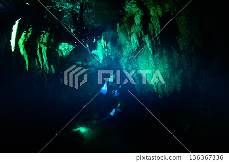 Divers swimming through underwater caves, Palau, diving scene 136367336