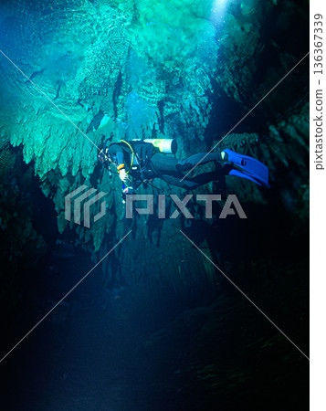 Divers swimming through underwater caves, Palau, diving scene Divers swimming through underwater caves, Palau, diving scene 136367339