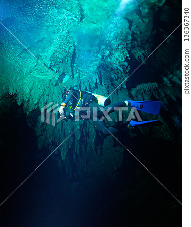 Divers swimming through underwater caves, Palau, diving scene Divers swimming through underwater caves, Palau, diving scene 136367340