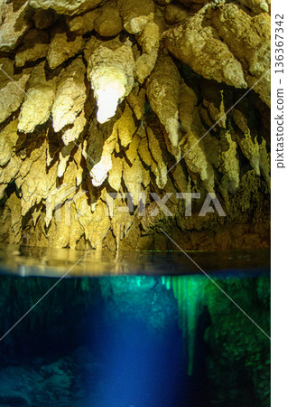 Underwater caves and limestone caves in the ocean of Palau Diving scenery 136367342