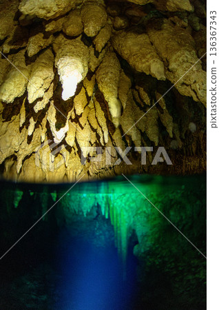 Underwater caves and limestone caves in the ocean of Palau Diving scenery Underwater caves and limestone caves in the ocean of Palau Diving scenery 136367343