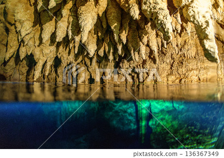 Underwater caves and limestone caves in the ocean of Palau Diving scenery Underwater caves and limestone caves in the ocean of Palau Diving scenery 136367349