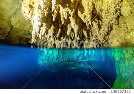 Underwater caves and limestone caves in the ocean of Palau Diving scenery 136367351