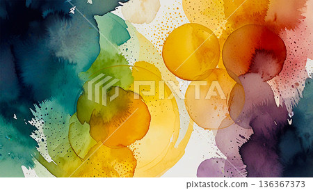 Scandinavian modern art background material with various circles and watercolor designs 136367373