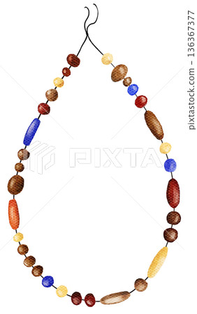 Watercolor illustration of colorful wooden tribal beads necklace on white background. Ethnic handmade jewelry element for boho crafts, posters, invitations, or fashion themed design projects. 136367377