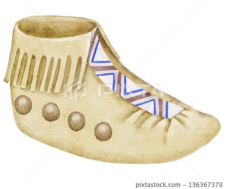 Watercolor native american boot with leather texture and geometric ornament in beige tones. Illustration for tribal themes, cultural designs, posters or decorative elements. 136367378