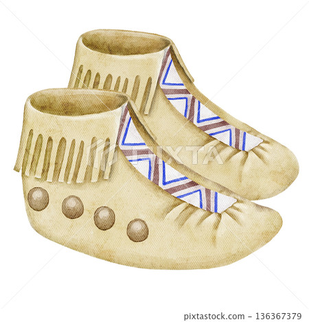 Watercolor illustration of traditional tribal boots with geometric ornament in beige tones. Ethnic boho footwear design for cultural art, apparel prints, posters, and travel themed compositions. 136367379