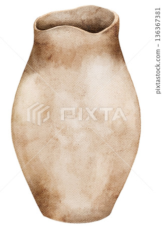 Watercolor clay pot in natural brown tones, inspired by tribal pottery craft. Rustic handmade object for posters, packaging, invitations, or boho and cultural design themes. Watercolor clay pot in natural brown tones, inspired by tribal pottery craft. Rustic handmade object for posters, packaging, invitations, or boho and cultural design themes. 136367381