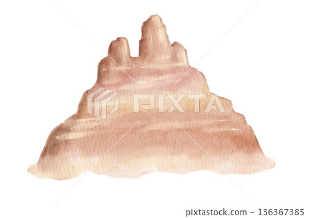 Watercolor desert rock formation with layered shapes in beige and brown tones. Illustration for western themes, native american designs, posters, prints or decorative elements. Watercolor desert rock formation with layered shapes in beige and brown tones. Illustration for western themes, native american designs, posters, prints or decorative elements. 136367385