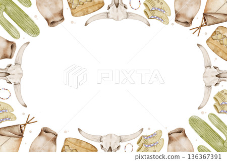 Watercolor frame native American culture with animal skulls, horns, feathers and tribal ornaments, warm desert colors and empty center. Illustration for invitations, posters, postcards or packaging. 136367391