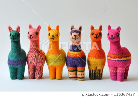 Group felt color alpacas on a white background 136367457