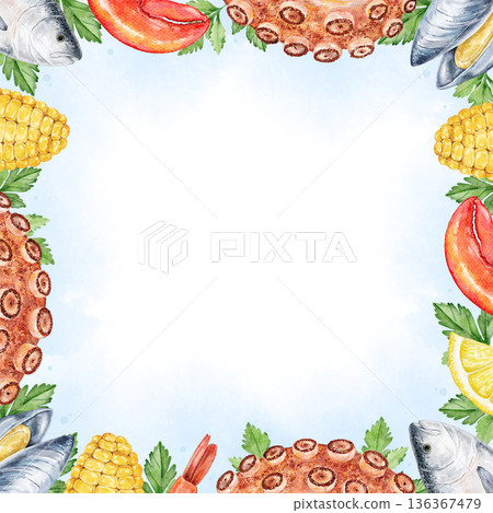 Watercolor seafood square frame on white background with corn, tentacles, fish, herbs, and lemon. Ample space for text in center. Perfect for food menus, invitations, or restaurant branding. Watercolor seafood square frame on white background with corn, tentacles, fish, herbs, and lemon. Ample space for text in center. Perfect for food menus, invitations, or restaurant branding. 136367479