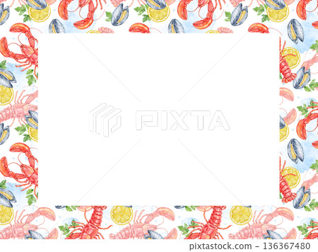 Rectangle seafood rectangle frame with lobster, shrimp, lemon, parsley pattern on white background. Central space left for text. Perfect for food menus, banners, event flyers, or culinary branding. Rectangle seafood rectangle frame with lobster, shrimp, lemon, parsley pattern on white background. Central space left for text. Perfect for food menus, banners, event flyers, or culinary branding. 136367480