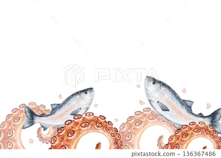A horizontal border design with hand painted fish, curled octopus tentacles, and seafood elements. Great for restaurant menus, banners, or recipe layouts. Frame on white background. 136367486