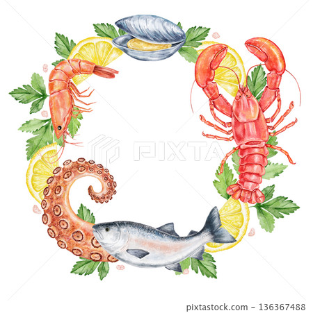 Round seafood wreath with shrimp, lobster, fish, clam, parsley, and lemon slices isolated on white with place for text. Hand painted design suitable for invitations, branding, and packaging. Round seafood wreath with shrimp, lobster, fish, clam, parsley, and lemon slices isolated on white with place for text. Hand painted design suitable for invitations, branding, and packaging. 136367488