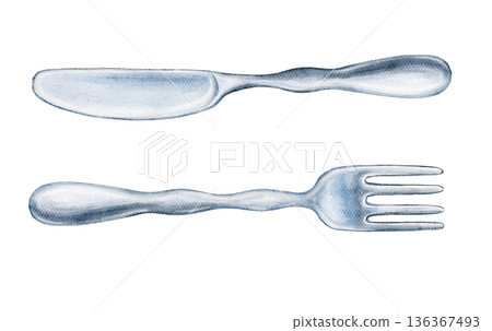 Watercolor blue cutlery set with soft curved silver minimalistic knife and fork on white background. Ideal for menus, tableware packaging, restaurant icons, or food-themed branding designs. 136367493