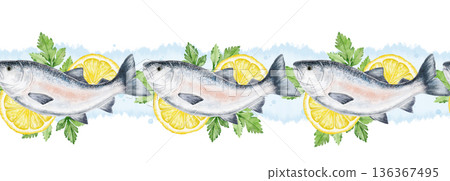 Seamless watercolor seafood border with watercolor salmon, lemon slices and parsley leaves repeating on white background. Ideal for banners, restaurant menu, packaging or branding Seamless watercolor seafood border with watercolor salmon, lemon slices and parsley leaves repeating on white background. Ideal for banners, restaurant menu, packaging or branding 136367495