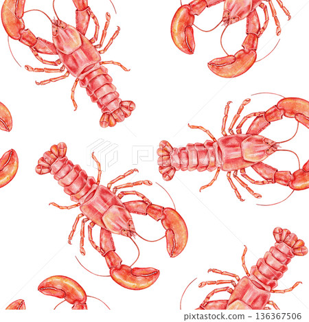 Seamless watercolor pattern with red lobsters and claws on white background. Ideal for seafood wrapping paper, marine themed fabric, kitchen towels, or coastal culinary packaging. 136367506