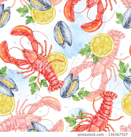 Four fish arranged in a circle on a soft blue background painted in watercolor style. Ideal for seafood branding, packaging, recipe cards, or invitations with marine themes. 136367507